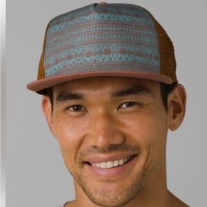 Prana Roots Studio Adjustable Womens Trucker Hat Tan Turquoise Unisex